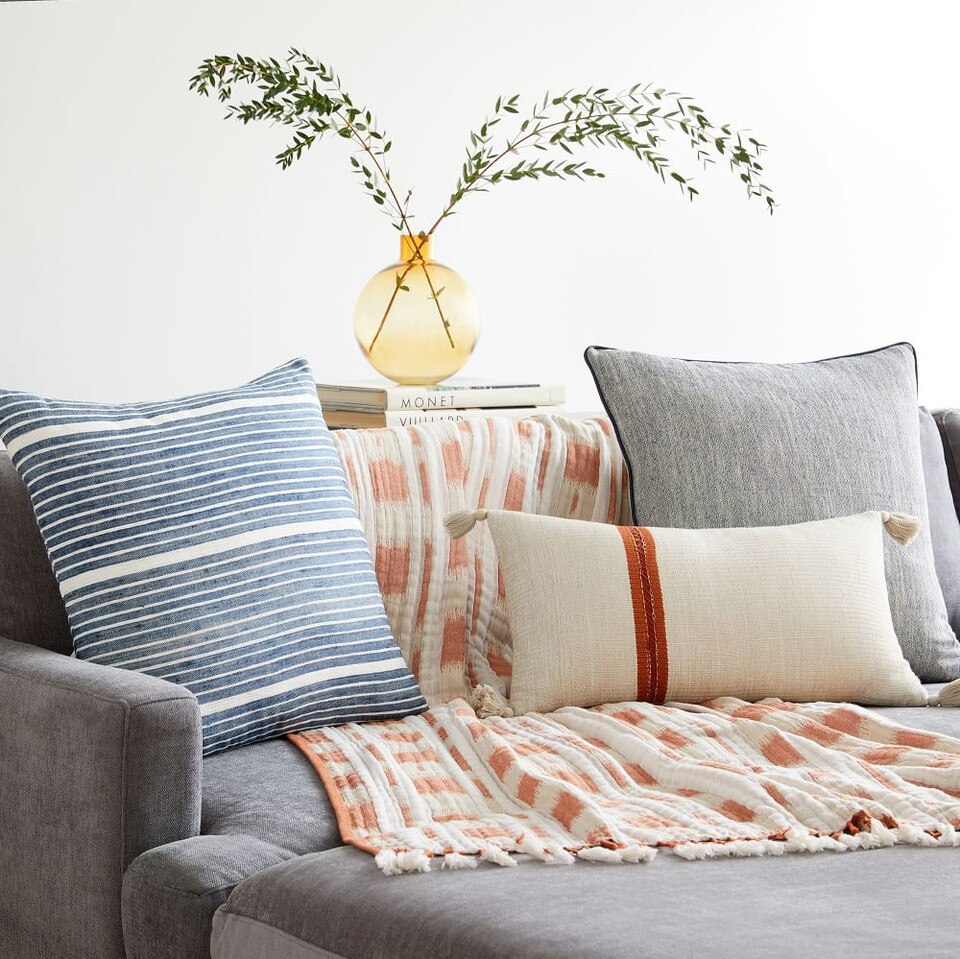 Linen Cotton Chambray w/ Leather Trim Cushion Cover West Elm Australia